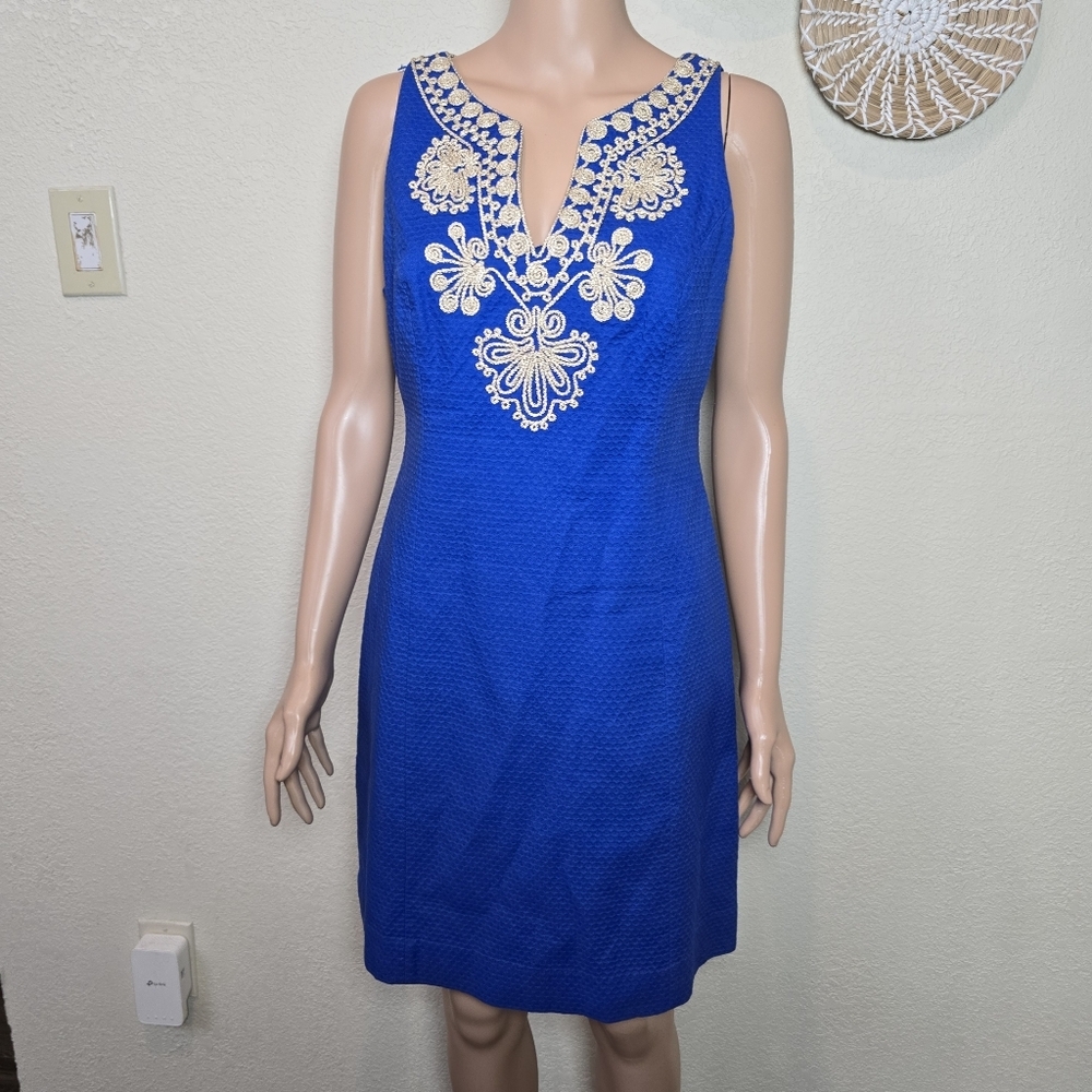 Lilly Pulitzer Womens Size 6 Royal Blue Gabby Shift Dress Embellished Neckline - Picture 2 of 13